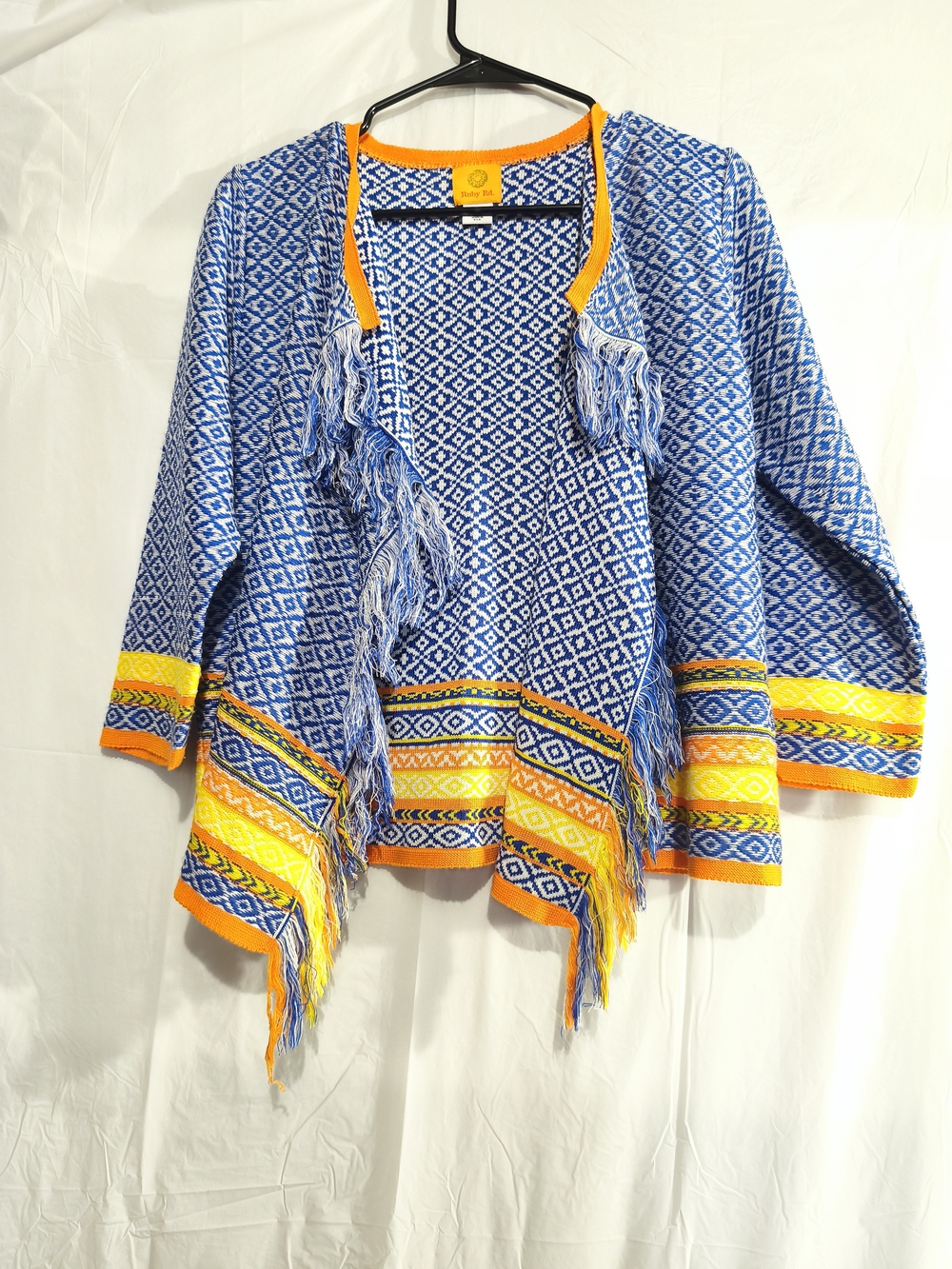 Blue and Yellow Fringe Open-Front Women's Sweater Cardigan